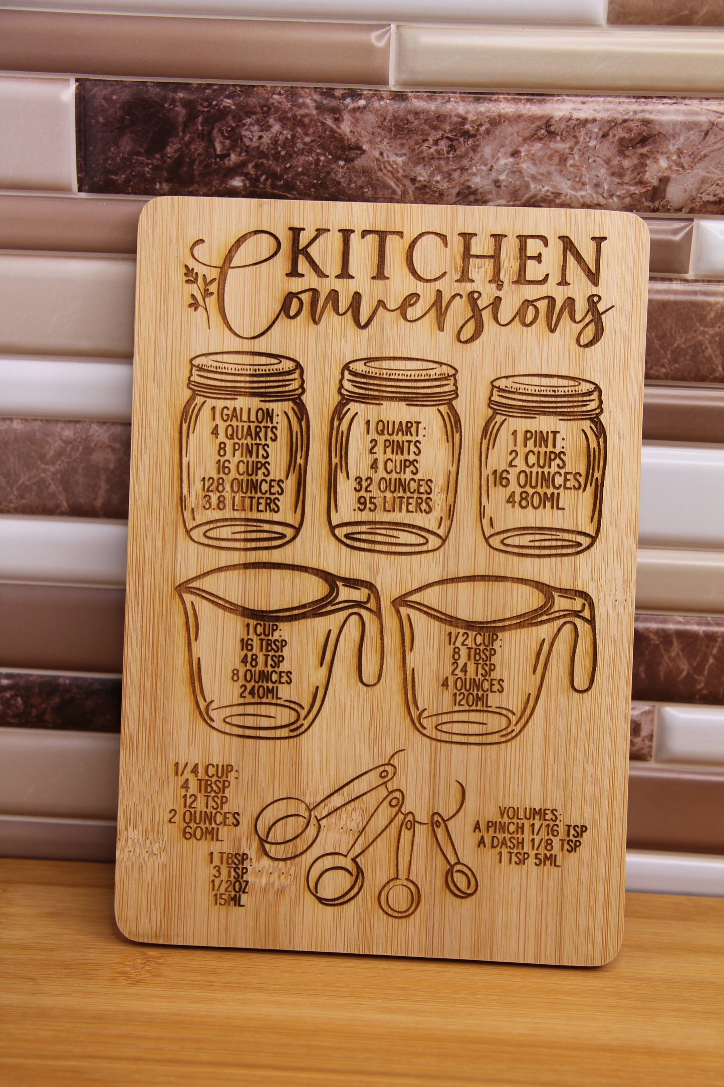 Kitchen Conversions Chart on Bamboo Cutting Board