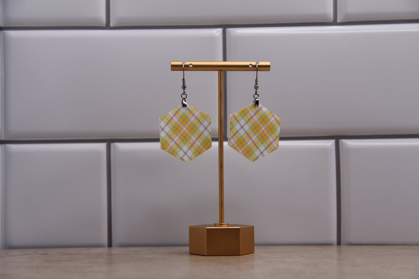 Plaid Jaune Hexagon Earrings